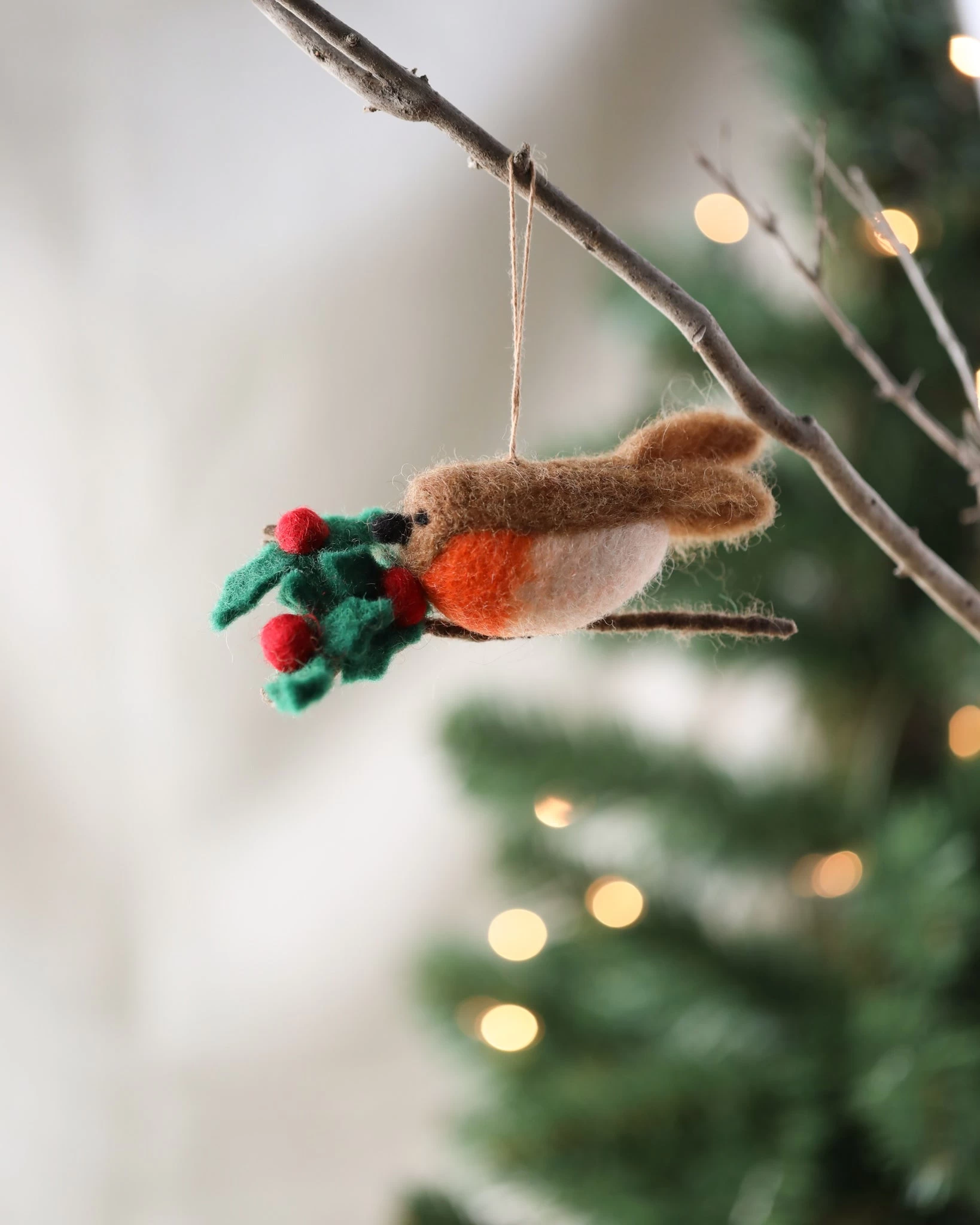Handmade Felt Robin On A Holly Branch Ornament 1 Handmade Felt Robin On A Holly Branch Ornament