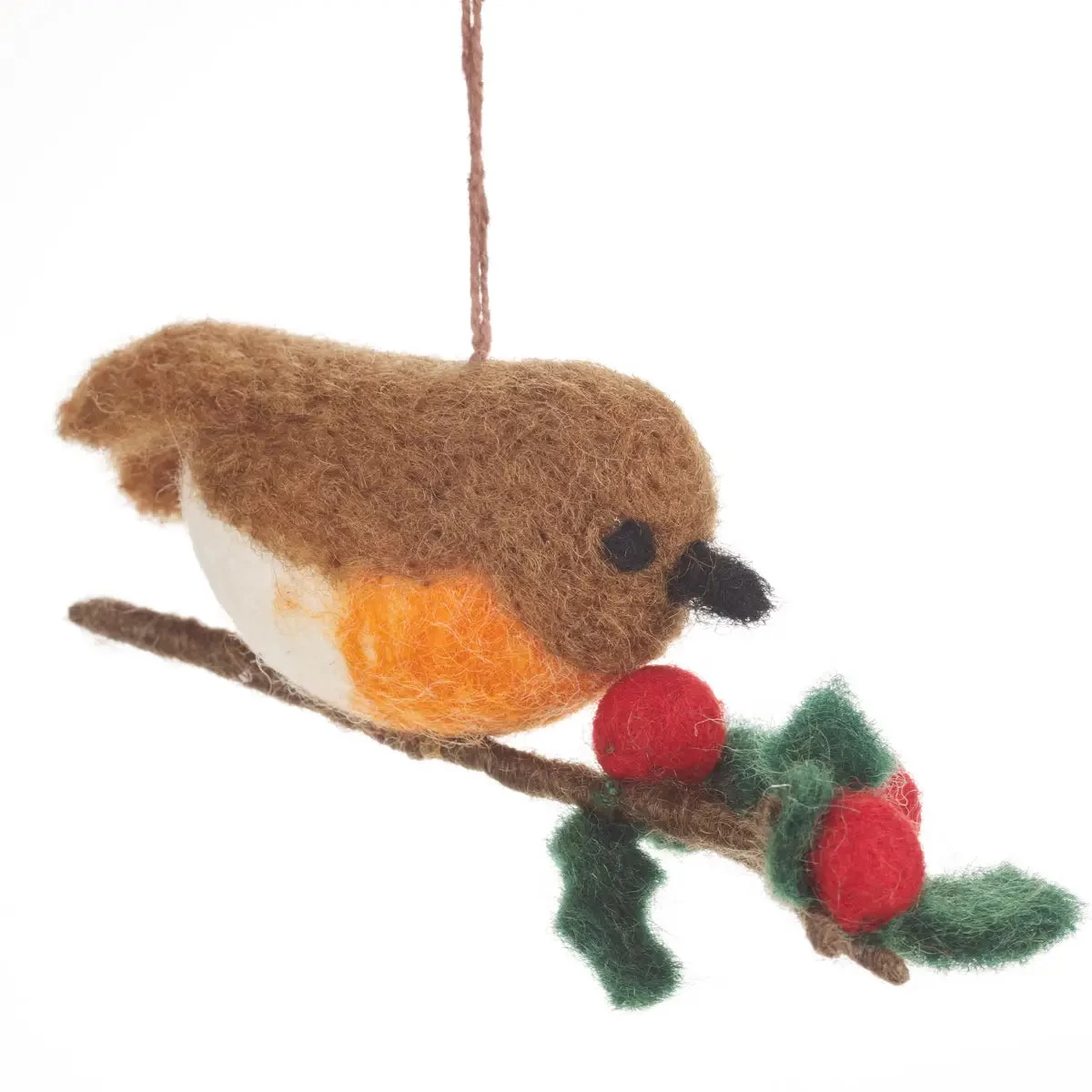 Handmade Felt Robin On A Holly Branch Ornament 2 Handmade Felt Robin On A Holly Branch Ornament - Image 2